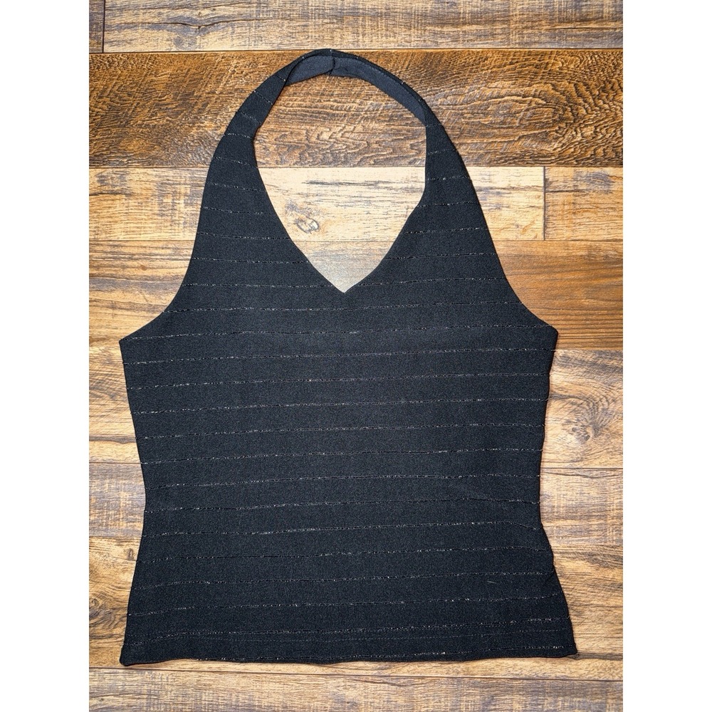 Charlotte Russe Y2K Sz M Black Metallic Halter Top Made‎ in USA Medium